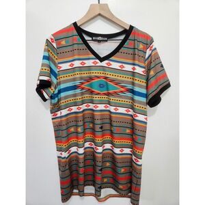 Rowdy Crowd Womens XL Aztec Print V-Neck T-Shirt Southwestern Western Brown Mult